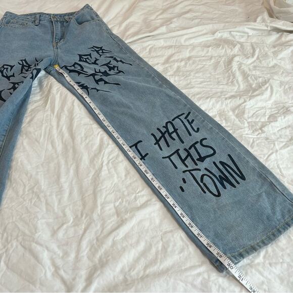 SHEIN Light Wash High Rise Wide Leg Graphic Jeans sz XS - Picture 10 of 16